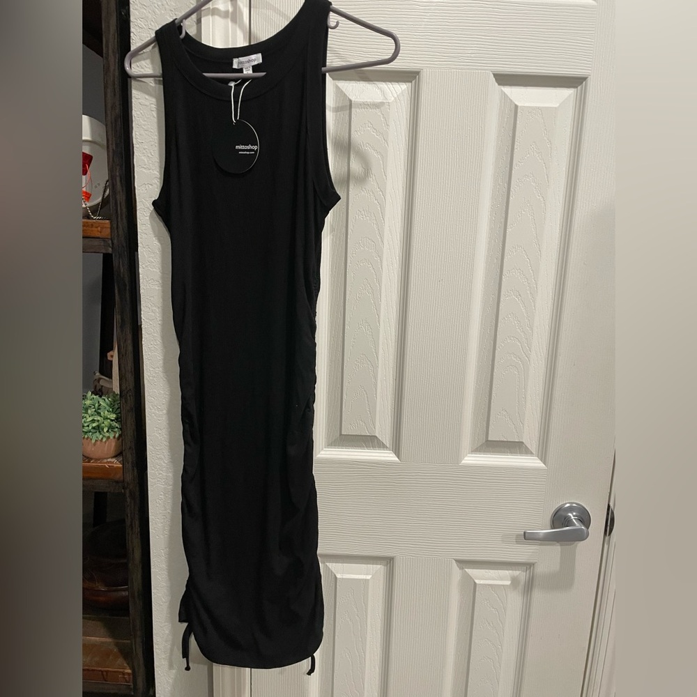 Mittoshop Sleeveless black ribbed Tank dress w adjustable Ties ruched sides Lg